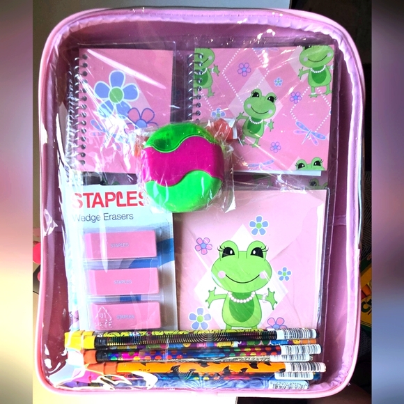 Kmart Pink Backpack With Green Frog Notepads and School Accessories - Picture 4 of 6
